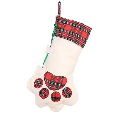 China Cat Paw Hanging Christmas Decoration For Dog's House Plaid Style Large Christmas Stocking Warm Christmas Decoration for sale