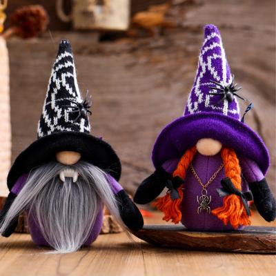 China Handmade Halloween Decor 21cm Halloween Plush Gnome Purple Happy Halloween Table Craft With Spiders Decoration for sale