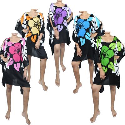 China NEW Fashion Breathable Poncho Dress Big Flower Printed Black Bottom Casual Woman Dress Beach Dress Cover Up for sale