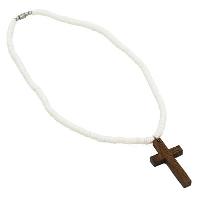 China New Classic Vintage Design Puka Shell Necklace Handmade Wooden Cross Necklace Summer Trend Pendant Jewelry for sale