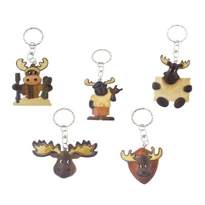 China Promotion Gift Cute Funky Wooden Deer Carving Key Chain Personalized Logo Souvenir Key Holder Hand Painted for sale