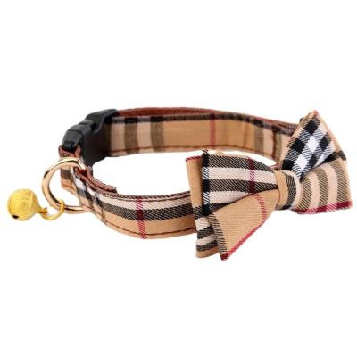 China Bell Cat and Thoughtful Leather Dog Collar with Bowtie Cute Plaid Soft and Comfortable Adjustable Dog Collar for sale