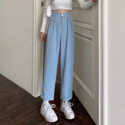 China PA0002 Breathable Loose Flat Casual Solid Wide Leg Pants For Women Full Spring Autumn Clothing High Waist Trousers Female Button Fly for sale