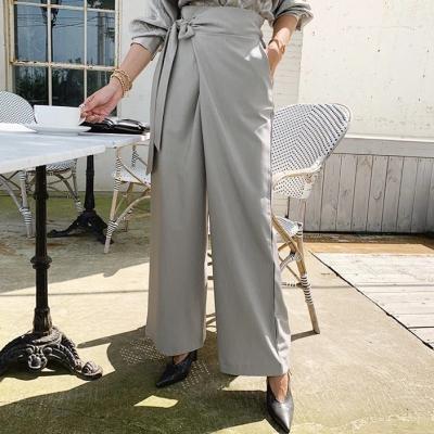 China PA0004 Breathable Solid Wide Leg Pants For Lady High Waist Loose Suit Pants Casual Temperament Pleated With Belts Women's Clothing for sale