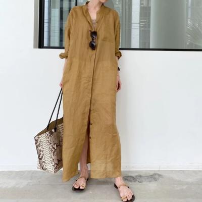 China Dress DE0010 Straight Solid Loose Waist Casual Lapel Till Ankle Oversized Breathable Elegant Women Dresses for sale