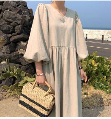 China Fashion Breathable Elegant Loose Fit Dress Women's Loose Fit Lantern Sleeve V-Neck De0037 Three Quarter Sleeve Solid Mid-Calf Dresses for sale