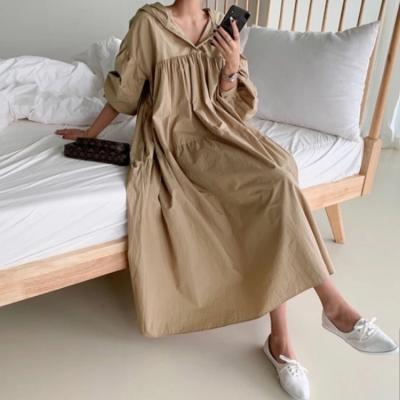 China De0041 Summer Breathable Casual Women Buttons Hooded Sweater Dress Lantern Sheath Solid Mid Calf Oversized Loose Dresses for sale