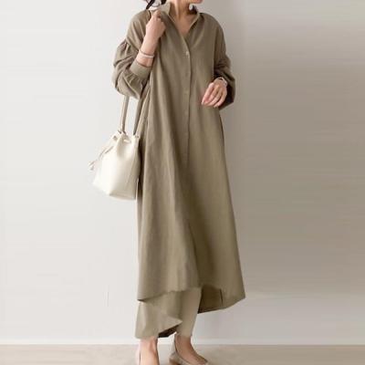 China AS001 Fall Style Hemp Cotton Dress Modest Fit Loose Casual Korean Breathable Women's Maxi Dress for sale