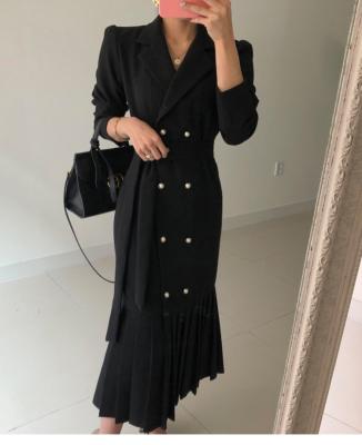 China Breathable Women's Elegant Midi Mermaid Dress New Solid Color Office Lady Notched Long Sleeve Mid Calf Cross Dresses With Sashes for sale