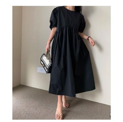 China 2021 Breathable Oversize Midi Dress Women's New Casual Minimalist O-Neck Breathable Short Sheath Solid Color Loose Fitting Mid-Calf Dresses for sale