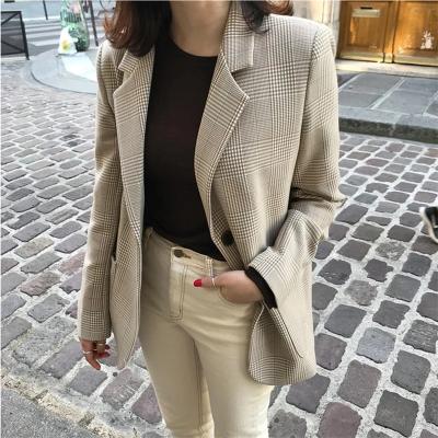 China JA0006 Breathable Vintage Notched Straight Casual Blazers Check Retro Temperament Buttons Suit Jacket For Women 2021 for sale