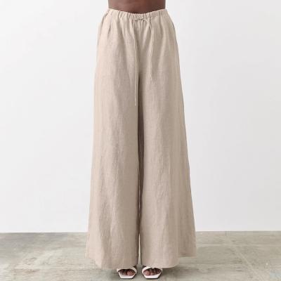 China PA0009 Women's Simple Wide Leg Breathable Flat Pants Casual Solid Loose Elastic Waist Full Length Pants With Pockets Pantalones De Mujer for sale