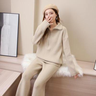 China Anti-wrinkle 8999 Korean winter knitted loose high lapel zipper sweater + elastic wide leg pants waist two-piece suit for sale