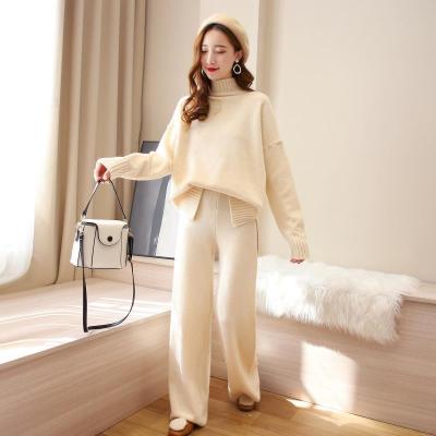 China 9001 British Style Anti-wrinkle Knitted Turtle Neck Sweater Side Split Solid Color Sweater + Straight Hanging Wiping Loose Pants for sale