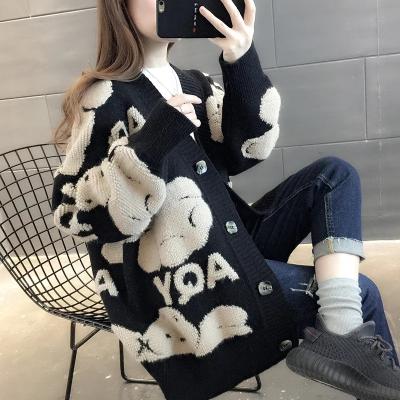 China 2021 Fashion Cute Anti-wrinkle 72404 Korean Version Thicken Ladies Sweater Knitted Loose Cardigan Sweater Wear Bear Jacket For Women for sale