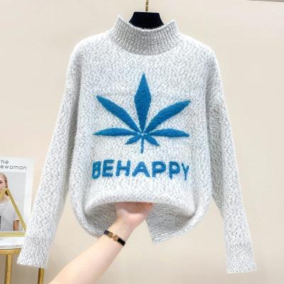 China New Fashion Loose 72405 Half High Collar Winter Maple Leaf Pattern Sweater Women Sweater Women's Anti-Wrinkle Casual Knitted Dip Top for sale