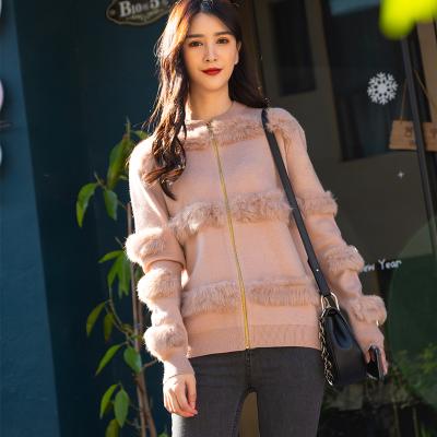 China Fashion Real Rabbit Women Anti-wrinkle S089 Fur Trim Sleeve Cardigan Winter Warm Female Knitting Sweater Coat for sale