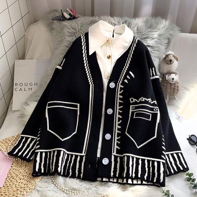 China 2021 Latest Autumn Women V-Neck Breathable 1571 Printed Knit Sweater Cardigan Oversized Single Breasted Jacket For Ladies for sale