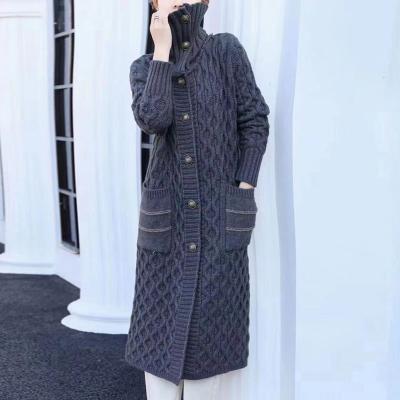 China 1533 Latest Design 2021 Winter Cable Lapel Women's Long Cardigan Anti-pilling Knit Sweater Overcoat With Pockets for sale