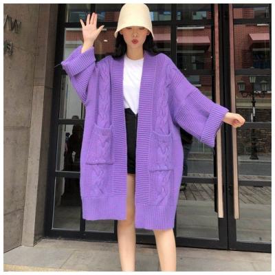 China 1584 purple oversized anti-pilling knitted cardigan long mid kimono sweater with pockets winter clothing the new for sale