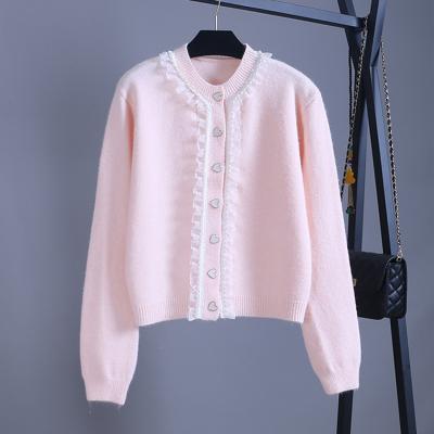 China 2021 Women's Anti-wrinkle Crewneck Cardigan 2021 Soft Cropped Lace Pearl Sweater 1610 With Heart Buttons for sale