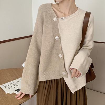 China Autumn Chic Women Anti-Wrinkle Long Sleeve Colorblock Crew Neck 1629 Plus Size Sweater Cardigan Irregular Edge for sale