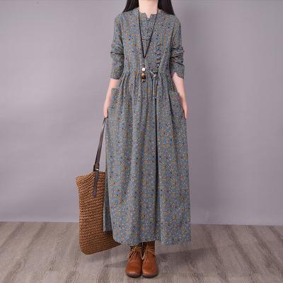 China CL06 Spring Breathable Large Size Female Ethnic Style Floral Maxi Dress Vintage Buttoned Long Sleeve Midi Linen Dress for sale