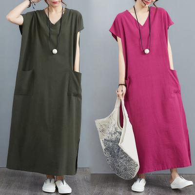 China Cotton Breathable Canvas V-Neck Women's Short Sleeve Dress CL02 For Ladies Summer Casual Dresses Long Dress for sale