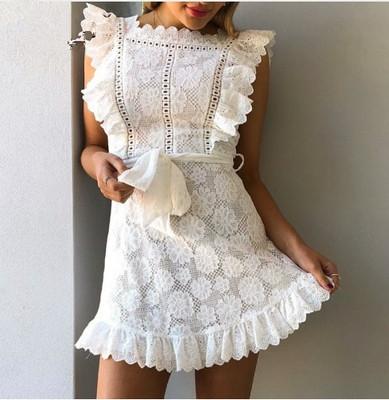 China AS045 Breathable Women's Summer European American Style Ins White Wooden Ears Highly Fitted Belt Lace Short Sleeveless Sling A-Line Dress for sale