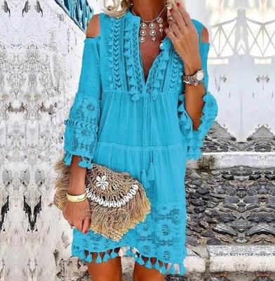 China Casual Loose Strapless Fringed 12 Style Breathable Ethnic V-Neck Fashion Bohemian Holiday Sweater Dress For Women for sale