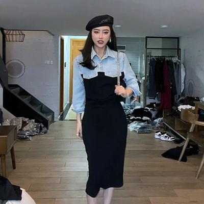 China 7070 Style Breathable Korean Single Patchwork Denim Slim Fit Dresses Elegant Women Long Dress Elegant Clothing for sale