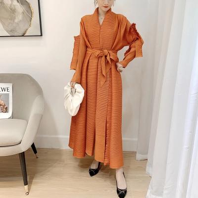 China Breathable New Vintage Casual Pleated V-Neckline MA017 2021 Solid Long Sweater Dress Loosely Plus Size Dresses With Belt for sale