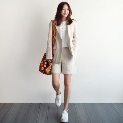 China AS433 New Fashion Women's Solid Loose Fit Suit Casual Wholesale QUICK DRY Two Pieces Lapel Button Set Down Blazer+Zipper Short Pants for sale