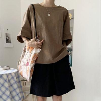 China BL003 Breathable Cotton And Canvas Blouse Women New Casual Elegant O-Neck Split Solid Loose Edge Batwing Short Sleeve Tee for sale