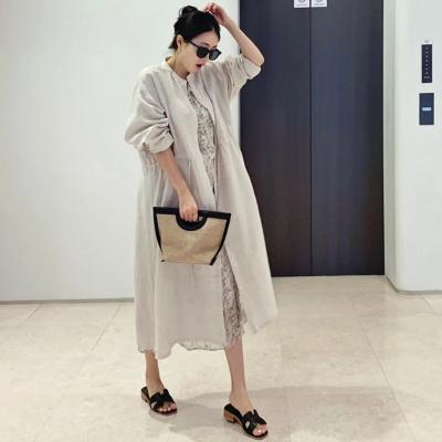 China Bl014 Breathable O-neck Straight Button Down Solid Long Shirt Coat Women's Temperament Slit Edge Casual Shirts With Belt for sale