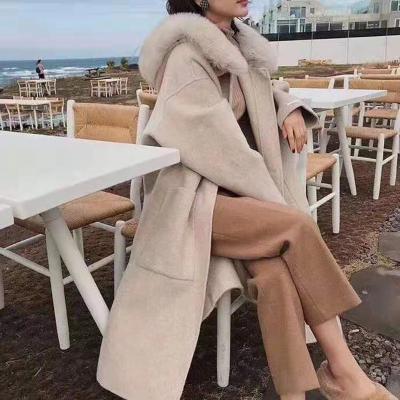 China Longer Style Anti-Wrinkle Woolen Hooded Coat With Collar Real Fox Fur Women's Winter Cashmere Warm Coats Oversized Coat for sale