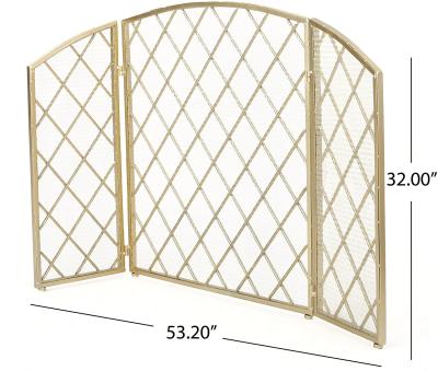 China Gold Iron Fireplace Screen Vintage Style Arch Firescreen 3 Panel Child Folding Safety Screen Indoor Guard for sale