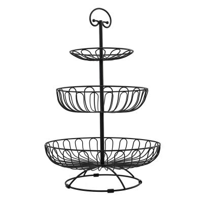 China Kitchen Beverage Drink Fruit Basket Bowl Home Storage 3 Tiers Black Powder Coated Round Metal Fruit Basket for sale