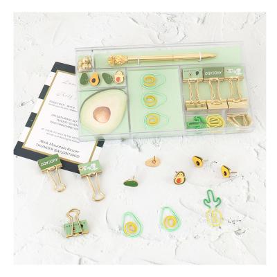 China Lovely Cardboard Styles Cute New Design Green Avocado Paper Clip Set, Hot Selling Kawaii Pen Kids Stationery Gift Set Gold for sale