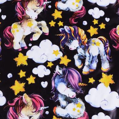 China Factory outlet price 190t cartoon unicorn printing waterproof polyester knitted pu coated faux leather fabric for jackets for sale