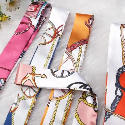 China Hot Sale Luxury Fashionable Printing Narrow Ribbon Tied Bag Handle Scarf Hair Tie Silk Scarf For Ladies for sale