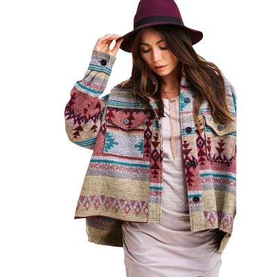 China New Fashion Retro Contrast Jacket Geometric Print Causal Top Loose AZTEC QUICK DRY Women's Woolen Coat for sale