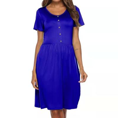 China 2021 summer hotsale women breathable solid color knee length dresses with buttons for sale