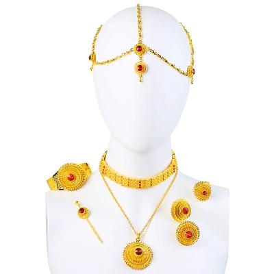 China CLASSIC Luxury Ethlyn Jewelry Ethiopian Eritrean Traditional Wedding Headscarf Sets Crystal Stone Pendant Necklace Set Gold Plated S097 for sale