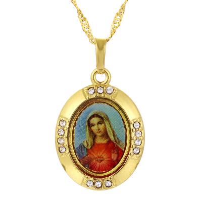 China Ethnic Saint Maria Goretti Image Maria Christianity Jewelry Gold Plated Enamel Pendant of Virgin of Ethlyn and Necklace for Women P135 for sale