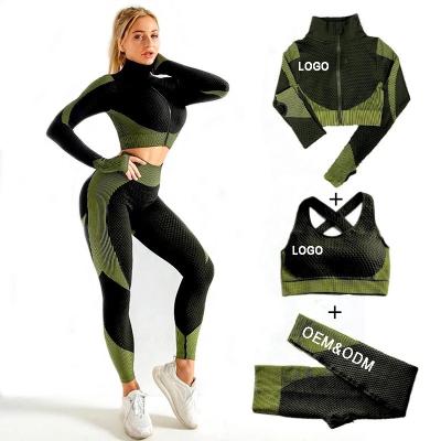 China Antibacterial Gym Clothes Crop Top Yoga Suit Seamless Tracksuits With Zipper - Seamless 3Pcs Yoga Set Activewear Sets For Women for sale