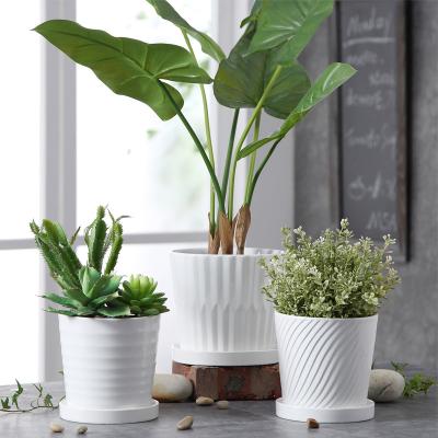 China Eco-friendly Nordic Black White Line Desktop Flower Pot With Tray Succulent Ceramic Indoor Plant Pot for sale