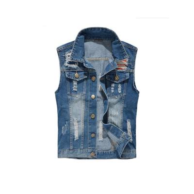 China 2021 New Design Mens Anti-Wrinkle Men's Lapel Denim Vest Sleeveless Jacket Logo Casual Slim Fit Custom Jeans Hip Hop Heated Archaistic Hole Vest for sale