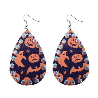 China New FASHIONABLE Hot Selling Halloween Pumpkin Leather Earrings Witch Diamond Drop Earrings for sale