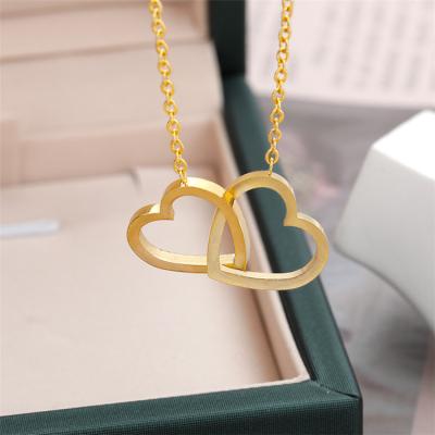 China Punk 18k Gold Plated Stainless Steel Double Heart Shape Crystal Pendant Necklace For Valentine's Day for sale